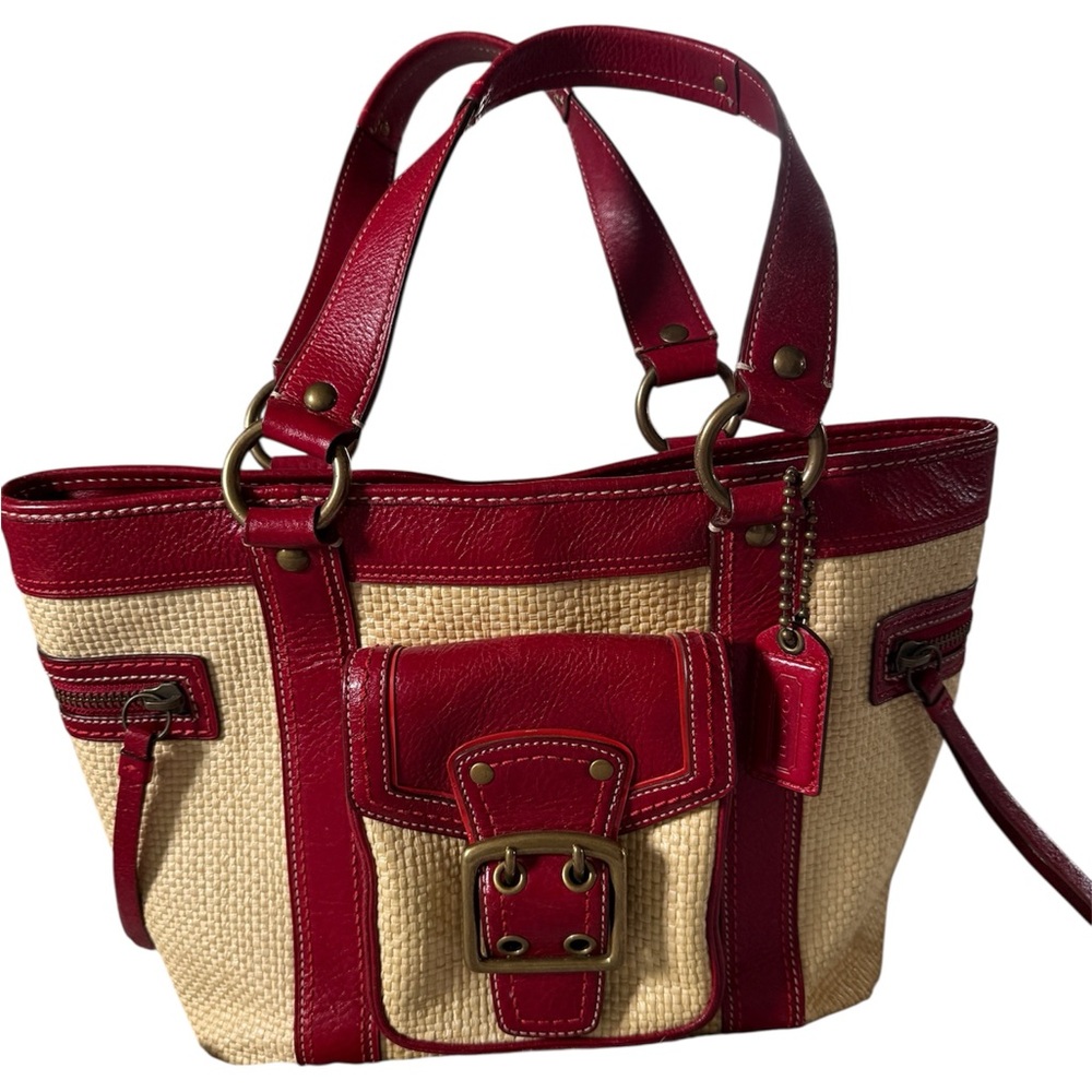 Coach Red and Natural Straw Tote Bag with Leather Trim with dust bag